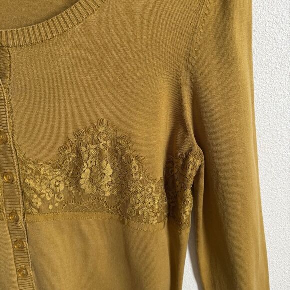 Vtg Y2K Moda International Sweater Womens Large Mustard Yellow Cardigan Lace 90s - Picture 7 of 14